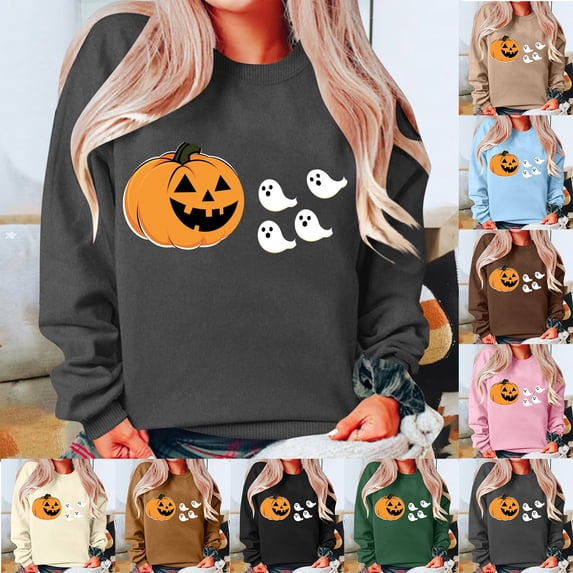 Feancey Halloween Pumpkin Sweatshirts for Women Cute Ghost Graphic Sweatshirt Teen Girls Long Sleeve Crewneck Pullover Tops Coffee S