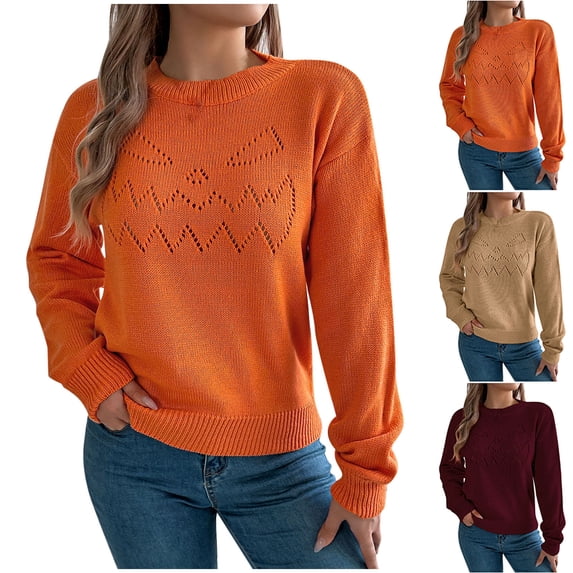 Feancey Halloween Sweaters for Women Knit Long Sleeve Crewneck Pullover Sweatshirts Holiday Funny Cute Sweater Tops Teen Girl Clothes Khaki M