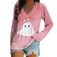 thumbnail image 1 of Feancey Halloween Tops for Women Long Sleeve V Neck T Shirts Holiday Casual Cute Ghost Graphic Tees Cozy Soft Pullovers Pink M, 1 of 5