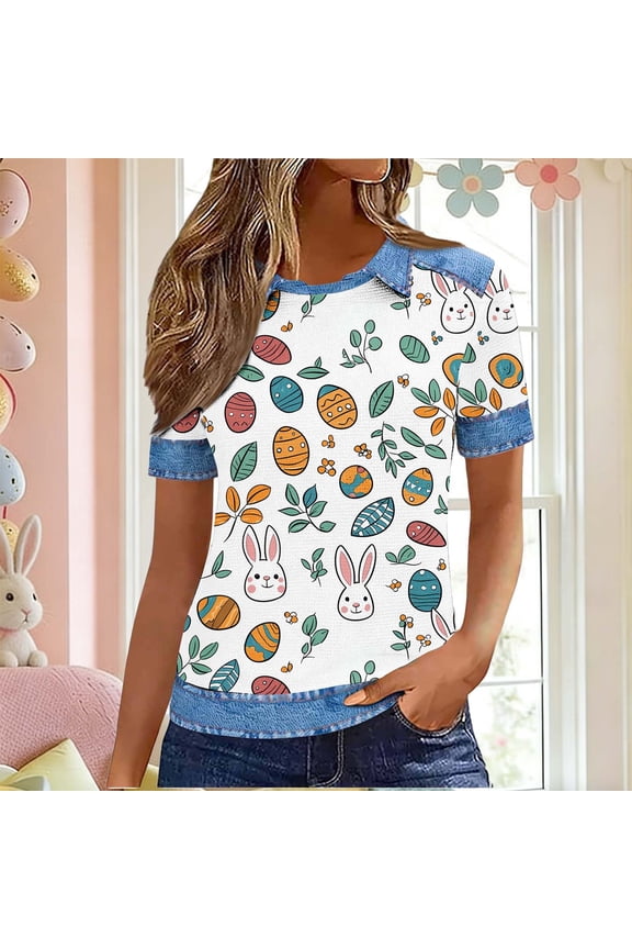 Happy Easter Waffle Knit Tops for Women Denim Patchwork Collar Short Sleeve T-Shirts Carrot Rabbit Print Graphic Tees Soft Cute Blouse Red L