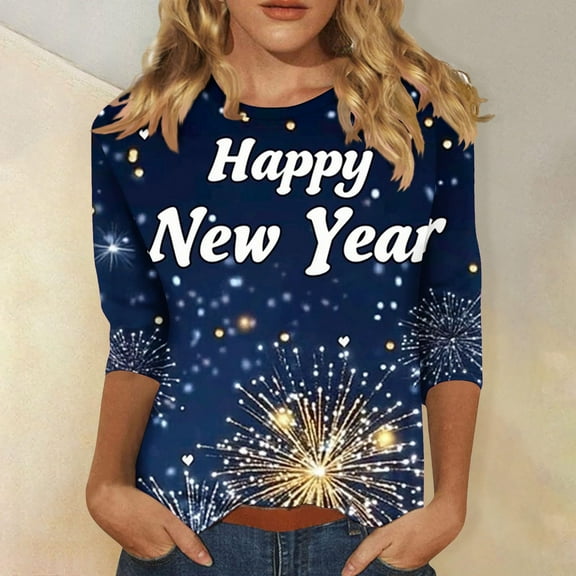 Feancey Happy New Year Party Womens 3/4 Sleeve Tops Glitter Graphic Crewneck T-Shirts Dressy Trendy Letter Print Holiday Celebration Blouse Multicolor L