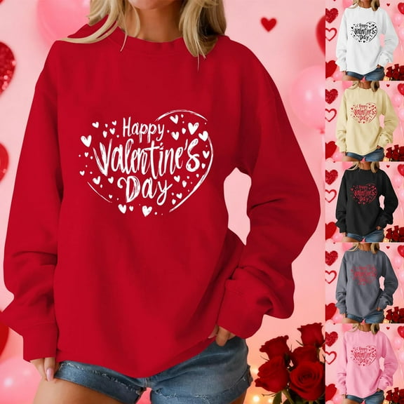Feancey Happy Valentine's Day Sweatshirts for Women Drop Shouder Long Sleeve Shirt Oversized Casual Heart Graphic Sweatshirt Loose Fit Crewneck Pullover Tops Pink L