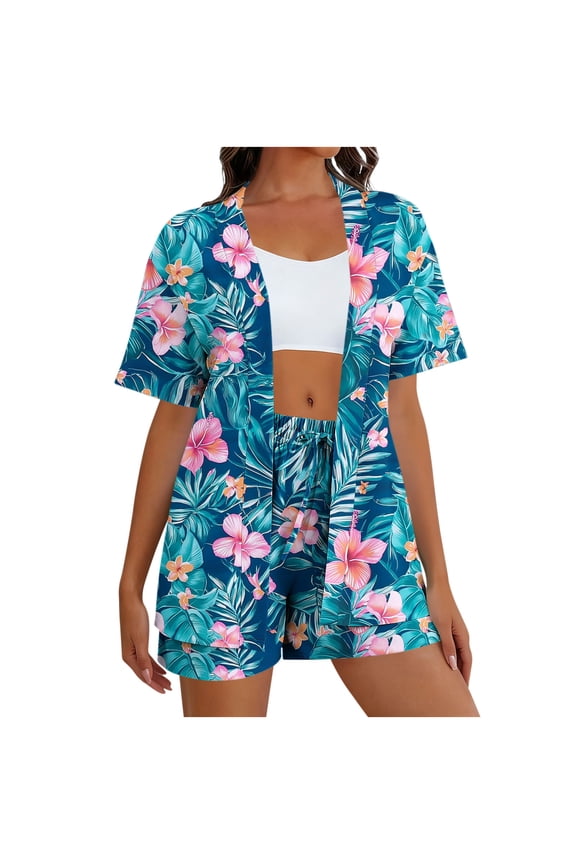 Hawaii 2 Piece Outfits for Women Summer Short Sleeve Beach Kimono Cardigan Sports Shorts Sets Boho Floral Leaf Lounge Travel Set Green S