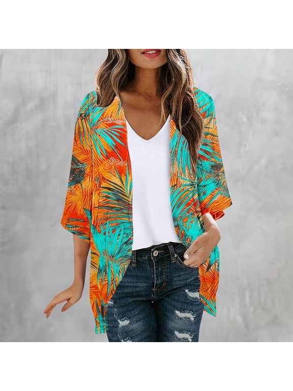 Hawaiian Cardigan for Women Tropical Palm Tree Printed Kimono Cardigans Chiffon 3/4 Sleeve Kimonos Dressy Casual Open Front Cardigan Jacket Multicolor L