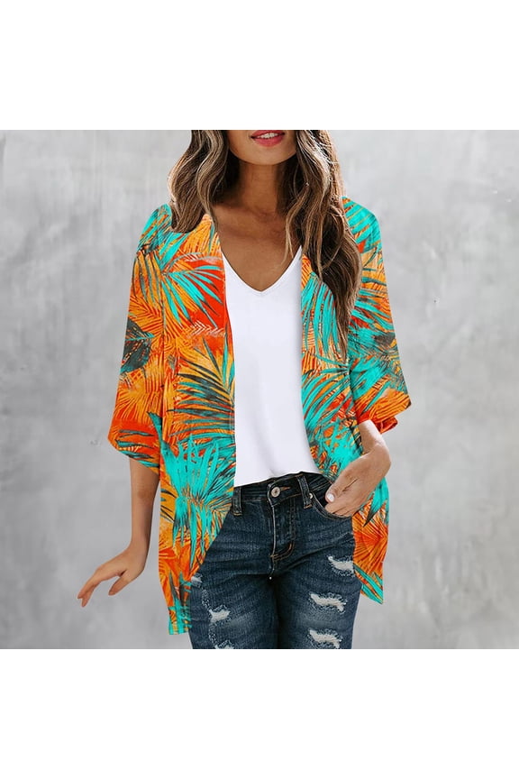 Hawaiian Cardigan for Women Tropical Palm Tree Printed Kimono Cardigans Chiffon 3/4 Sleeve Kimonos Dressy Casual Open Front Cardigan Jacket Multicolor L