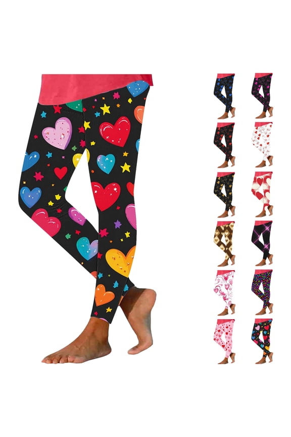 Heart Leggings for Women Valentine's Day Stretchy High Waisted Yoga Pants Slim Leg Casual Gym Workout Tights Buttery Soft Gym Leggings Multicolor L