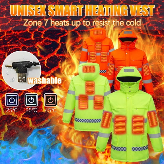 Feancey Heated Hi Vis Jackets for Men with 7 Heating Zones Reflective Hooded Safety Jacket Unisex Outdoor Construction Work Coats(No Battery) Orange XL