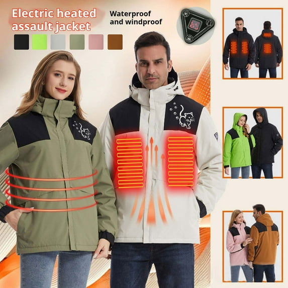 Feancey Heated Jacket for Men Women Fashion 4 Heating Zones Hooded Coats Winter Waterproof Warm Electric Heat Jackets with Removable Hood Green 3XL