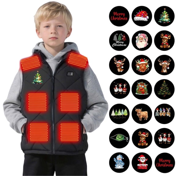 Feancey Heated Vests for Kids Christmas Tree Print Rechargeable Heating Vest Boys and Girls 13 Heat Zones Lightweight Puffer Vests Winter Waistcoat Black 6 Years