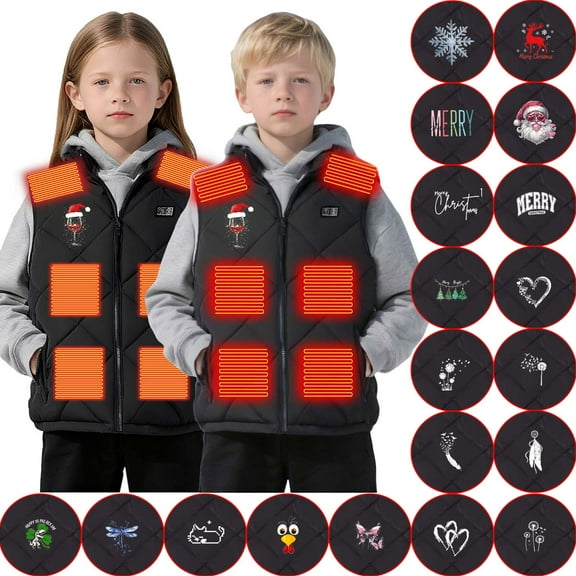Feancey Heating Vests for Kids Cute Heart Print USB Electric Heated Vest Winter Warm Zip Up Sleeveless Stand Collar Puffer Jackets with Pockets Black 8 Years