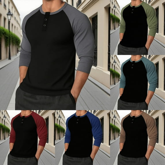 Feancey Henley Shirts for Men Color Block Raglan Long Sleeve Baseball T-Shirts Stretch Slim Fit Gym Workout Tees Button Collarless Athletic Tops Wine L