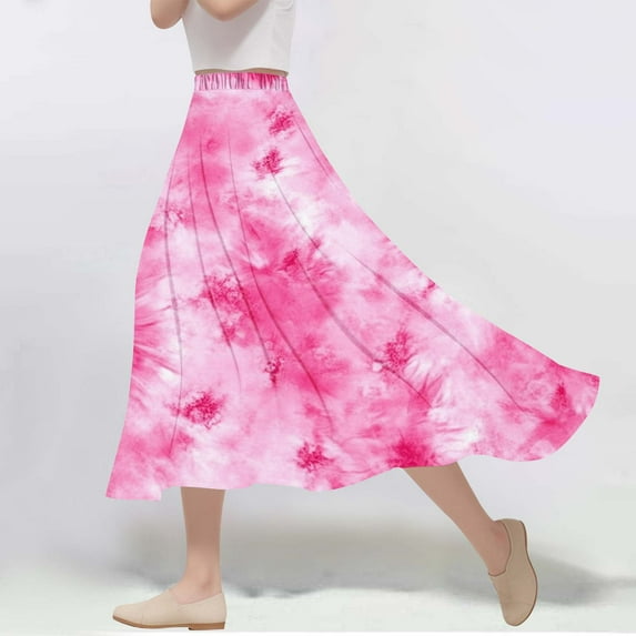 Feancey High Waisted Long Skirts for Women Summer Boho Maxi Skirt Pleated Casual Floral Print A-Line Skirts Loose Fit Flowy Beach Skirt Pink M
