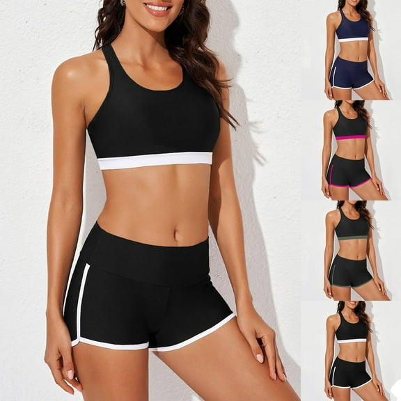 Feancey High Waisted Tankini Sets for Women Colorblock Racerback Swim Tank Tops and Shorts Bathing Suits Tummy Control Sporty Swimsuits Two Piece Holiday Sales Black S