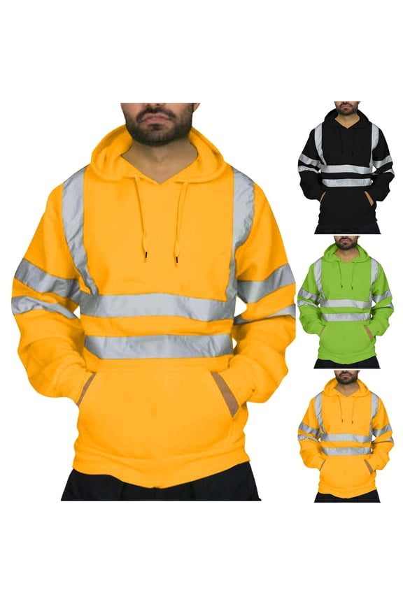 Holiday Gifts Hi Vis Hoodie for Men Class 3 Reflective Fleece Hooded Sweatshirt Winter Warm Drawstring Pullover Hoodies Outdoor Safety Work Sweatshirts Black M