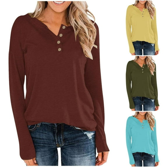 Feancey Henley Shirts for Women Loose Fit Casual Long Sleeve Tops Womens Dressy Trendy V Neck Button Up T Shirt Soft Stretchy Solid Color Tees Brown S