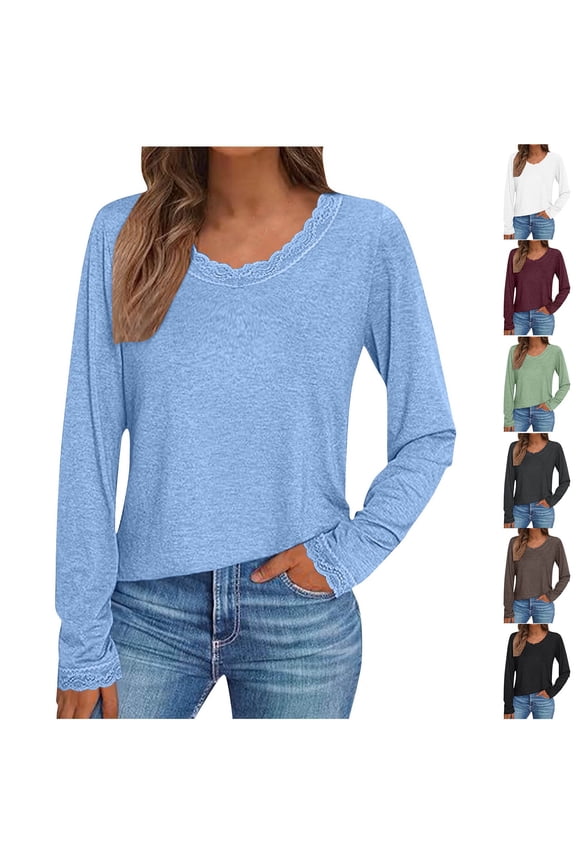 Women's Tops Dressy Casual Long Sleeve Lace V Neck T Shirts Spring Comfy Loose Tunic Blouse Soft Lightweight Solid Color Pullover Tees Dark Gray XL