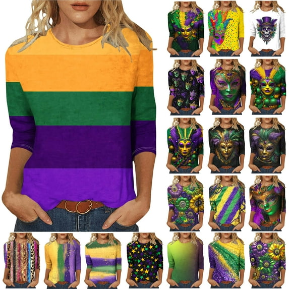 Feancey Holiday Gifts New Orleans Womens Dressy 3/4 Sleeve Tunic Tops Trendy Mardi Gras Shirt for Women Mask Print Carnival Themed T-Shirts Parade Pullover Blouse Multicolor S