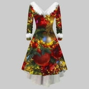 Feancey Holiday Dresses for Women Christmas,Womens Christmas Midi Dresses Furry V-Neck High Low Dresses Mrs Santa Claus Costume Fancy Cosplay Outfits Party Dress