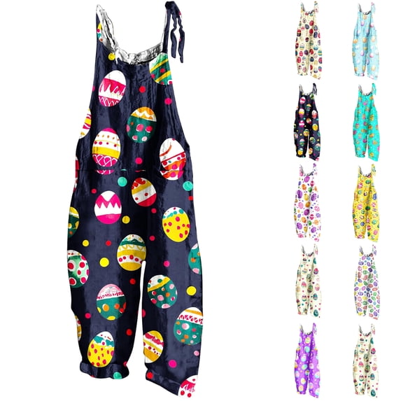 Feancey Holiday Linen Jumpsuits for Women Cute Eggs Print Adjustable Strap Sleeveless Bib Overalls Loose Fit Wide Leg Onesie with Pockets Gift for Her Multicolor S