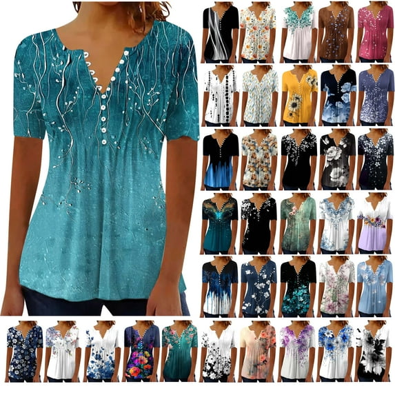 Feancey Holiday Sales 2025 Going Out Tops for Women Trendy Print Pleated Blouse Henley V-Neck Short Sleeve T-Shirts Button Up Casual Office Work Tees Multicolor XXXL