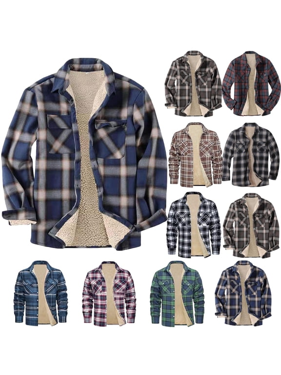 Holiday Sales Mens Fleece Lined Plaid Jacket, Men's Plaid Flannel Winter Coats Long Sleeve Soft Warm Button Up Jacket Coat Outwear with Pockets Khaki 3XL