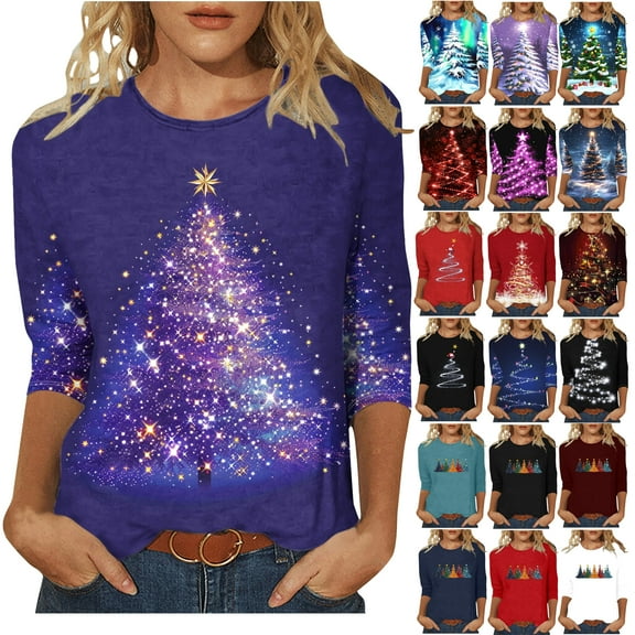 Feancey Holiday Sales Womens Christmas Tops Dressy Casual 3/4 Sleeve Round Neck T-Shirts Novelty Xmas Graphic Tees Comfy Loose Holiday Party Blouse Red XL