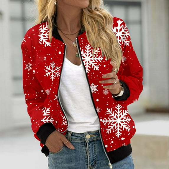 Feancey Holiday Sales Womens Lightweight Bomber Jacket Christmas Fashion Zip Up Flight Varsity Outwear Snowflake Printed Casual Long Sleeve Thin Coat with Pockets Multicolor S