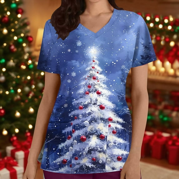 Feancey Holiday Scrub Tops Women Christmas Scrubs Short Sleeve V Neck Nurse Medical Scrubs Shirts Trendy Xmas Tree Print Working T-Shirt with Pockets Blue M