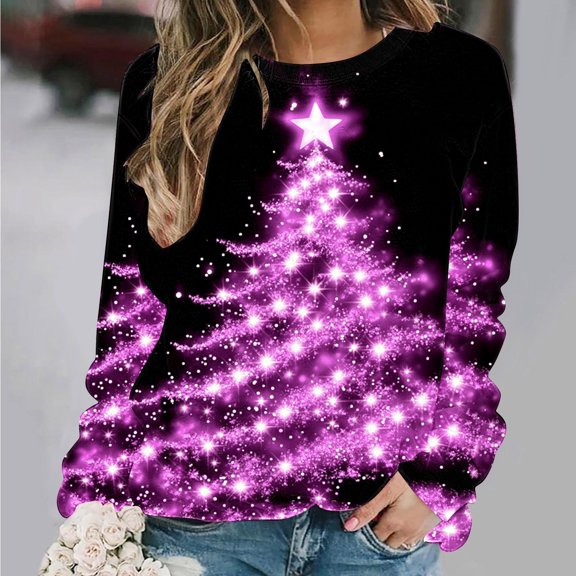 Feancey Holiday Tunic Tops for Women Fall Trendy Christmas Tree Print Plus Size T-Shirts Dressy Casual Long Sleeve Crewneck Pullover Sweatshirt Blue L
