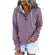 Feancey Hooded Sweatshirts for Women Trendy Button Collar Drawstring Pullover Sweatshirt 2023 Fall Solid Color Long Sleeve Hoodies Tops