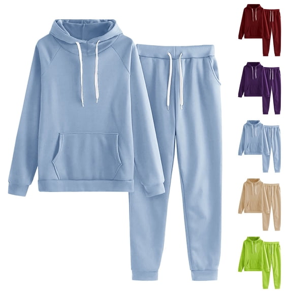 Feancey Hoodie Sweatsuits Women 2 Piece Outfit Fall Winter Casual Hooded Sweatshirt & Sweatpants Matching Set Solid Casual Two Piece Tracksuit Sky Blue L