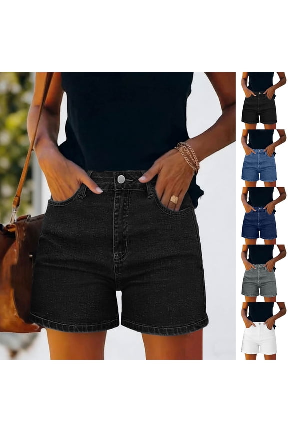 Jean Shorts for Women Trendy Button Fly Mid Rise Denim Shorts 5 Inch Inseam Summer Casual Jorts with Pockets Black XXL