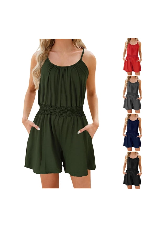 Jumpsuit Shorts for Women Elastic Waist Casual Business Rompers Summer Sleeveless Spaghettic Straps Jumpers with Pockets Limited Time Sales Today Red XXL