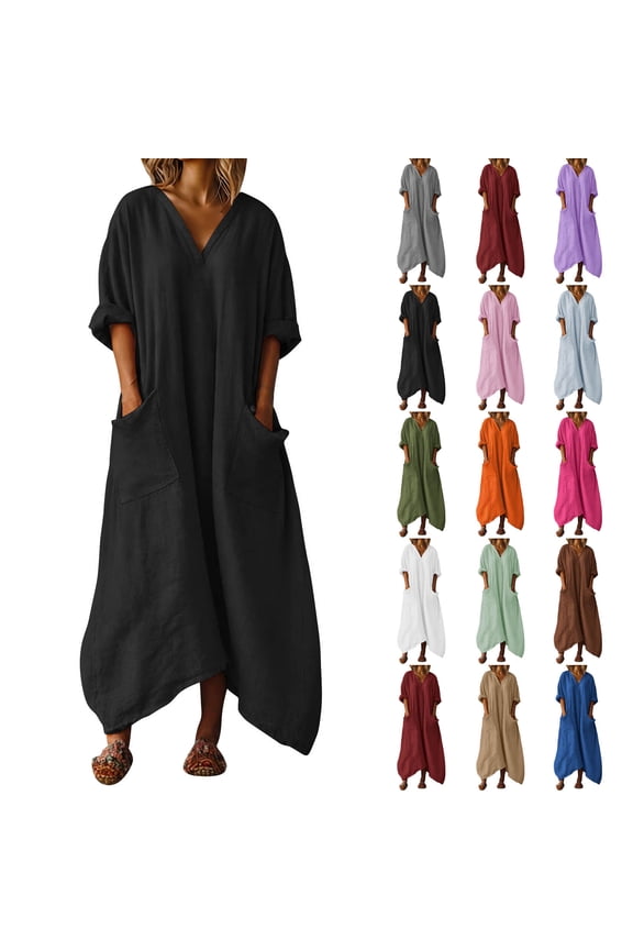 Kaftan Dresses for Women Loose V Neck 3/4 Sleeve Beach Cover Up Dress Cotton Linen Casual Summer Vacation Dresses with Pockets Mint Green S