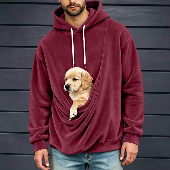Feancey Kangaroo Pouch Hoodie Men for Carry Cats Dogs Pet Winter Warm Fleece Long Sleeve Pullover Hoodies Loose Drawstring Animal Holder Hooded Tops M