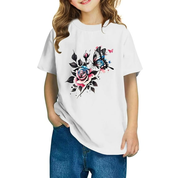 Feancey Kids Cotton T Shirts Boys Girls Casual Floral Print Short Sleeve Tops Loose Fit Crewneck Blouse Soft Comfy Pullover Tees White 7 Years