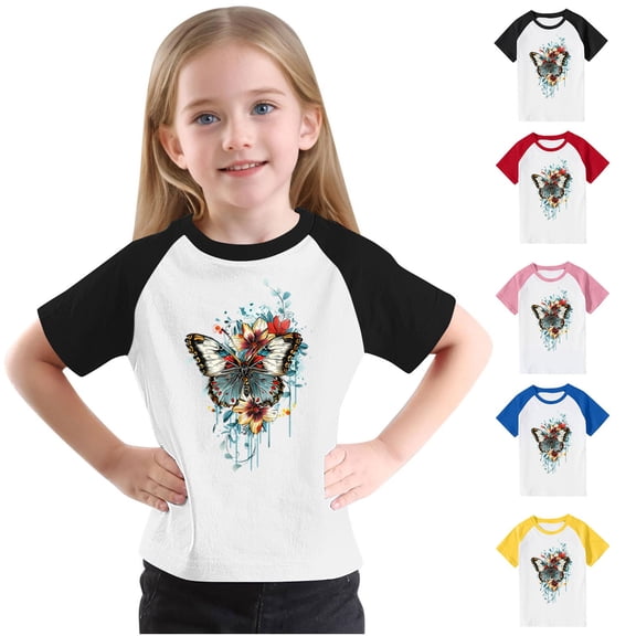 Feancey Kids Girls Graphic Tees Summer Raglan Short Sleeve Round Neck Tops Toddler Boys Novelty Butterfly Printed T-Shirts Holiday Sales Today Blue 5 Years