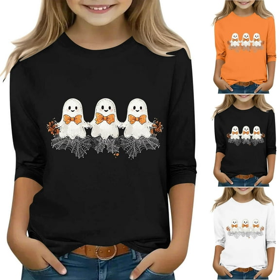 Feancey Kids Halloween T Shirts Girls 3/4 Sleeve Funny Cute Tops Holiday Casual Ghost Print Graphic Tees for Toddler Girl Crewneck Pullover Shirt White 3-4Years