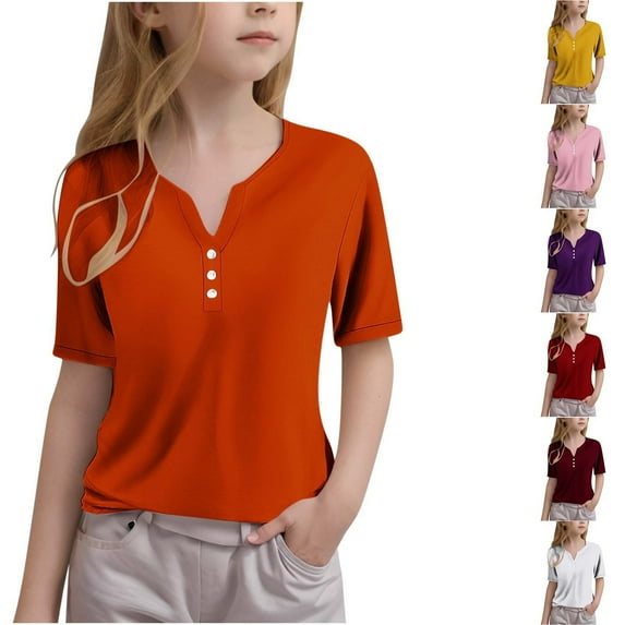 Feancey Kids Henley Shirts Girls Short Sleeve Summer Tops Button V Neck Casual T-Shirts Toddler Boys Solid Color Loose Tunic Tees Sale Of The Day Yellow 9 Years