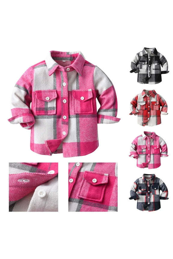 Kids Shirt Jacket Boys Girls Casual Plaid Shacket Long Sleeve Lapel Gingham Shirts Button Down Checkered Jackets with Pockets Black 100