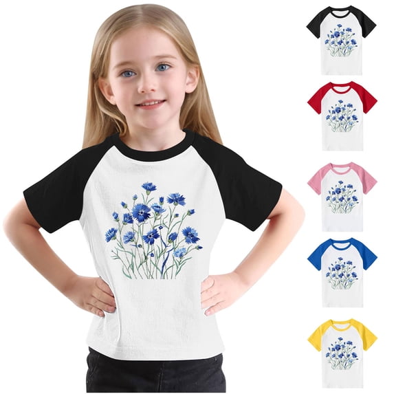 Feancey Kids Summer T-Shirts 2025 Casual Floral Print Short Sleeve Tops Comfy Crewneck Loose Blouse Toddler Girls Graphic Tees Daily Sales Pink 4 Years