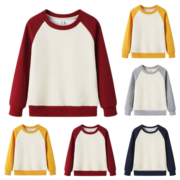 Feancey Kids Sweatshirts Girls Boys Cute Color Block Pullover Tops Raglan Long Sleeve Crewneck Tee Fall Casual Cotton Tshirts Red 6-7 Years