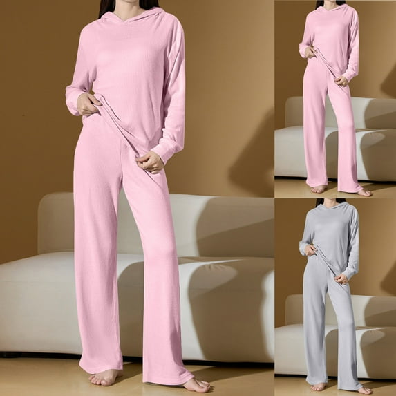 Feancey Knit Lounge Sets for Women Plus Size Knitted Hoodies Wide Leg Pants Pajama Two Piece Cozy Soft Sleepwear Set Solid Color 2 Piece Outfits Gray S
