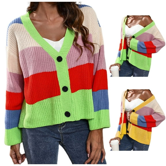 Feancey Knitted Cardigans for Women Cropped Trendy Colorblock Striped Sweater Coats Comfy Loose V-neck Button Sweaters Fashion 2024 Fall Lightweight Cardigan Outwear Limited Time Deal Green S