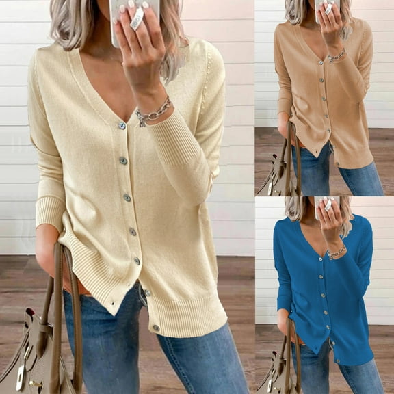 Feancey Knitted Cardigans for Women Fall Cropped Casual Slim Fit Cardigan Sweaters Soft Ribbed Knit V Neck Button Sweater Lightweight Fashion Jackets Blue L