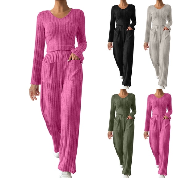 Feancey Knitted Set for Women Travel Outfits Soft Long Sleeve Crop Tops Lounge Pants 2 Piece Sets Cozy Casual Pajama Two Piece Outfits with Pockets Black S