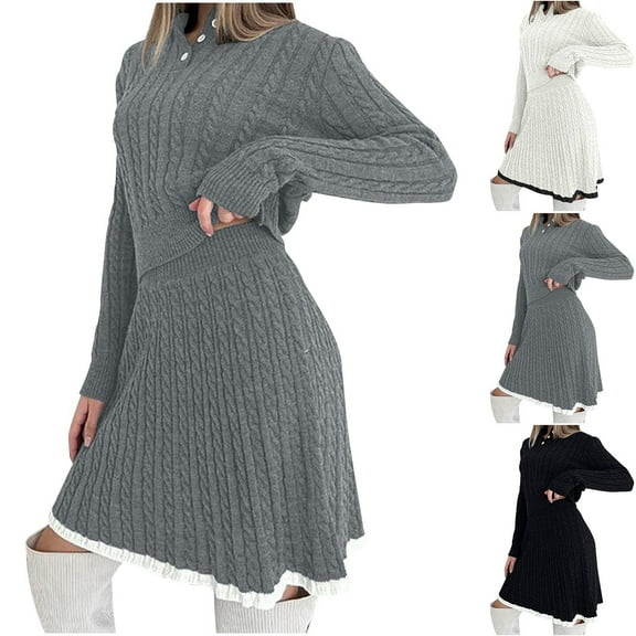 Feancey Knitted Skirt Sets for Women 2 Piece Sweater Set Cable Knit Long Sleeve Button Collar Sweaters and Elastic Waist Mini Skirts Mathing Lounge Sets Trendy Fall Outfits White L