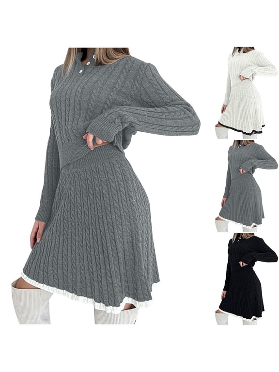 Knitted Skirt Sets for Women 2 Piece Sweater Set Cable Knit Long Sleeve Button Collar Sweaters and Elastic Waist Mini Skirts Mathing Lounge Sets Trendy Fall Outfits Gray M