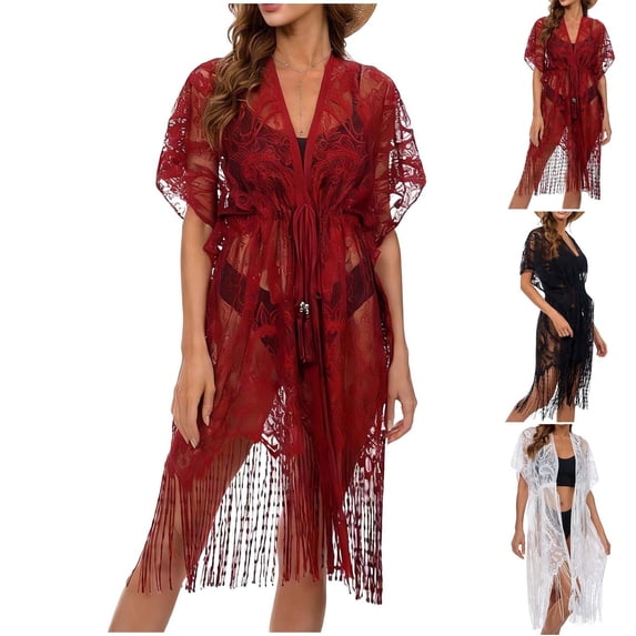 Feancey Lace Cover Ups for Women Fringe Hem Embroidery Bathing Suit Cover Up Swimwear Tie Up Summer Beach Swimsuit Coverups White Free Size