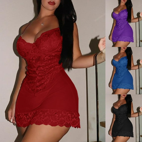 Feancey Lace Nightgowns for Women Deep V Cami Lingerie Sleep Dress Summer Sleeveless Gauze Nightdress Stretchy Slim Fit Sleepwear Flash Sale Red XXL